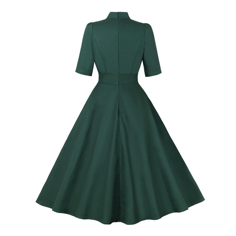 1940s style dresses 1940s Fashion Dresses 1940's Rockabilly Dresses Retro Stage Vintage Olive Green Solid Lapel Short Sleeve High Waist Button A-line Midi Dress