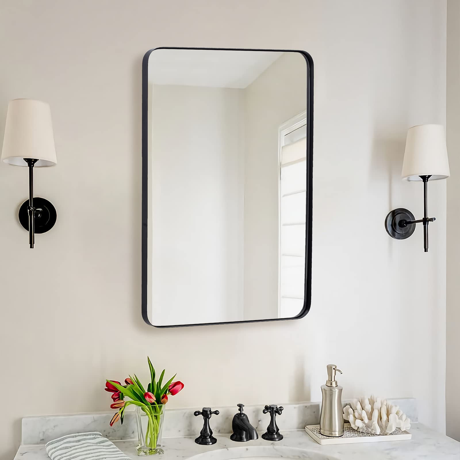 Andy Star Wall Mirror for Bathroom, 22x30 Inch Black Bathroom Mirror