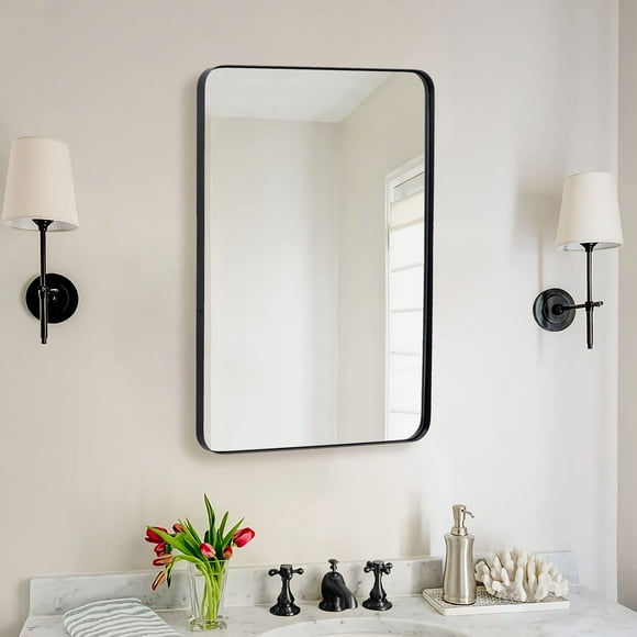 Andy Star Wall Mirror for Bathroom, 22x30 Inch Black Bathroom Mirror, Stainless Steel Metal Frame with Rounded Corner, Rectangle Glass Panel Wall Mounted Mirror Decorative for Bathroom