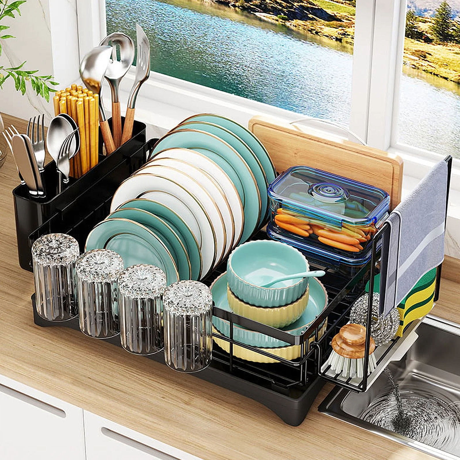 Dish Drying Rack, WLRETMCI Dish Rack for Kitchen Counter,Large Dish Drainer Organizer with Utensil Cups Holder for Home Kitchen