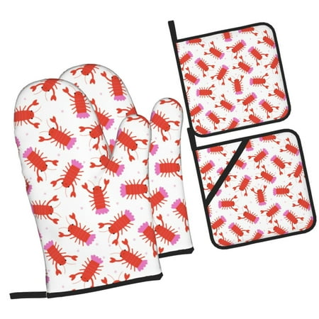 

Pofeuu Crayfish And Hearts Print Oven Mitts and Pot Holders 4 pcs Set High Heat Resistant 500 Degree Extra Thicken Long Kitchen Cotton Oven Glove for Cooking