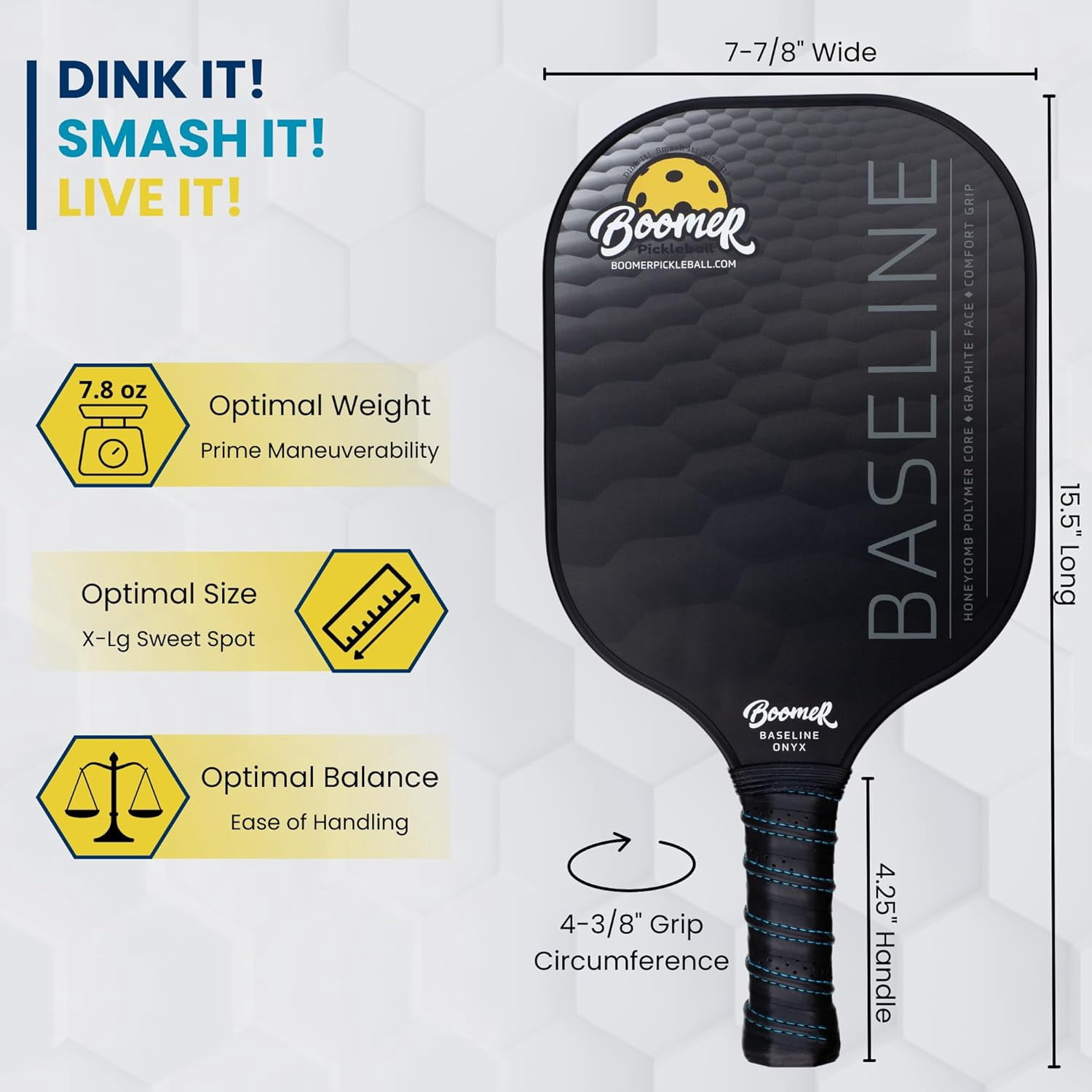 Boomer Baseline Pickleball Paddle Graphite Face with Polymer Honeycomb Core, Cushion Grip, Lightweight 7.8 oz