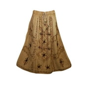 Mogul Womens Long Skirt Brown Floral Embroidered Vintage Rayon Flared Skirts