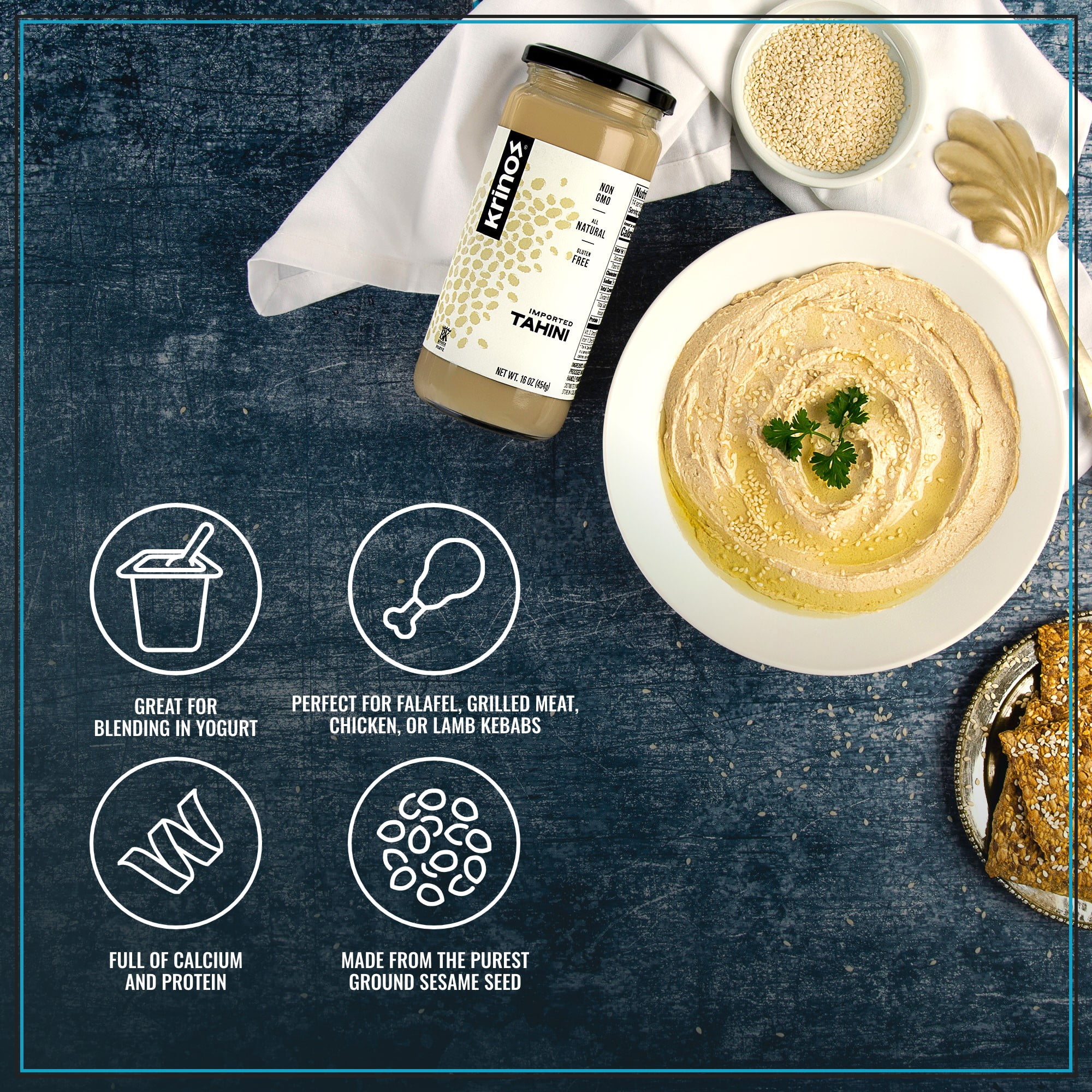 (6 pack) Krinos Tahini Spread with Velvety Texture 16oz Jar - Premium Sesame Paste