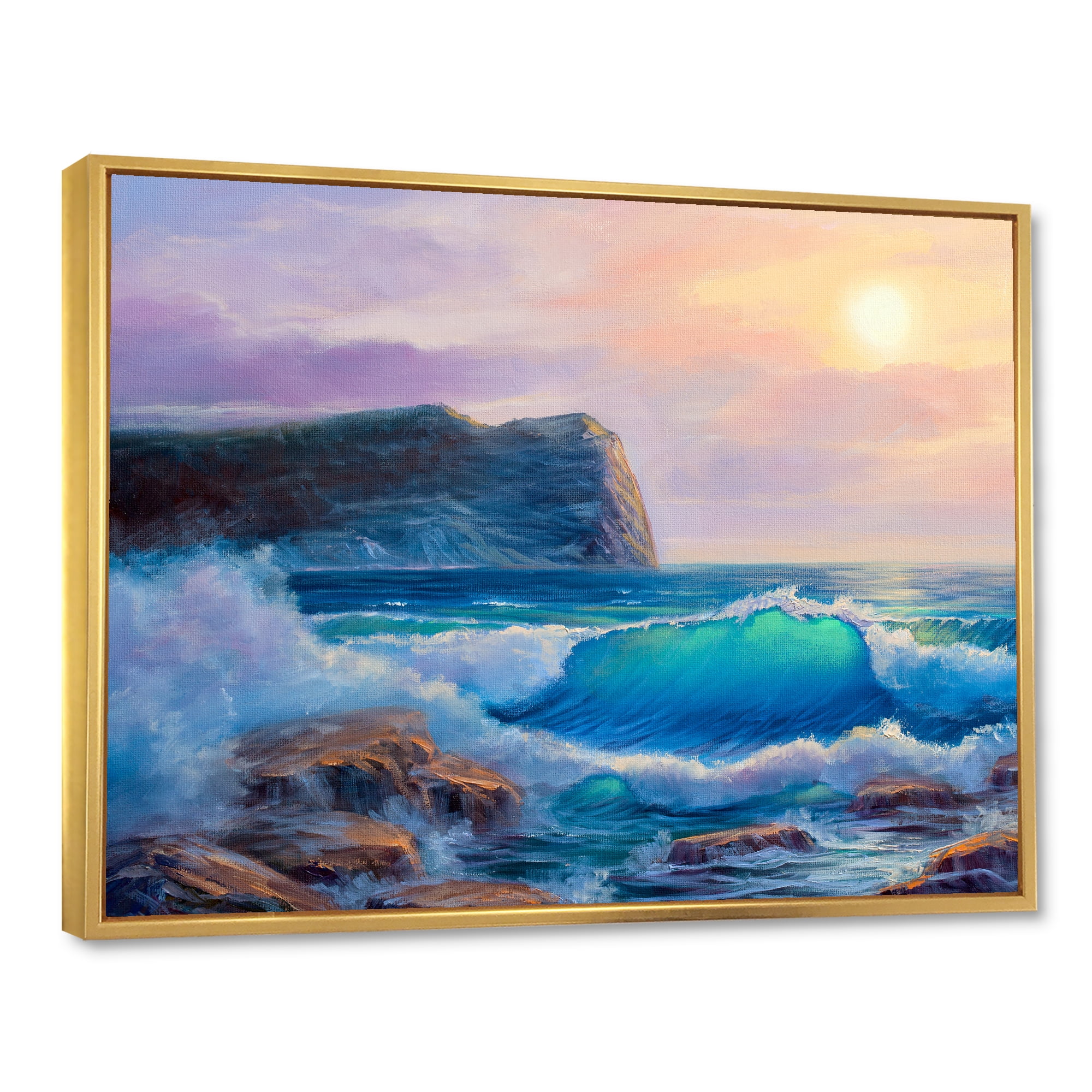 Designart 'Blue Waves Breaking At The Beach Landscape III' Nautical & Coastal Framed Canvas Wall Art Print