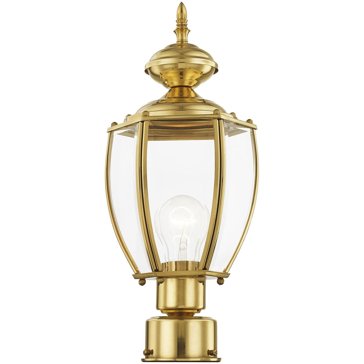 1 Light Polished Brass Outdoor Post Lantern Pendant Lighting Fixture with Clear Beveled Glass Shade backed with Solid Brass material for patio, front porch, entryway and more