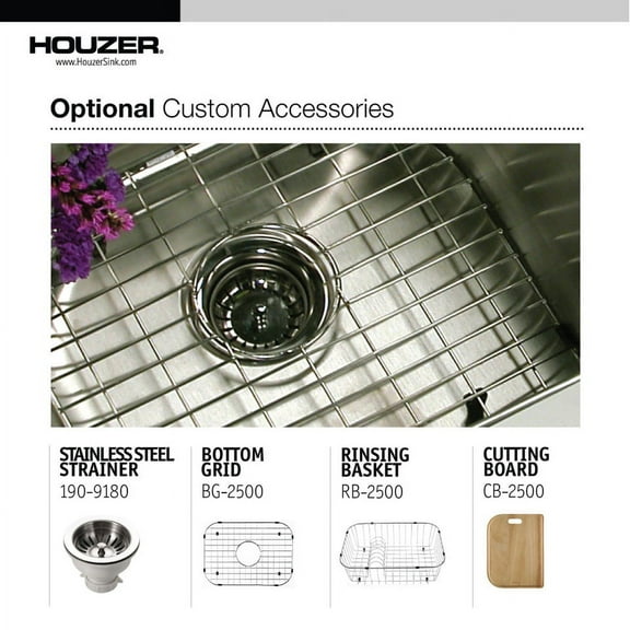 Houzer STS-1300-C Single Bowl Kitchen Sink With A Strainer (190-9180) And Bottom Grid (BG-2500) 23-1/4" x 17-1/2" Stainless Steel Undermount Kitchen Sink