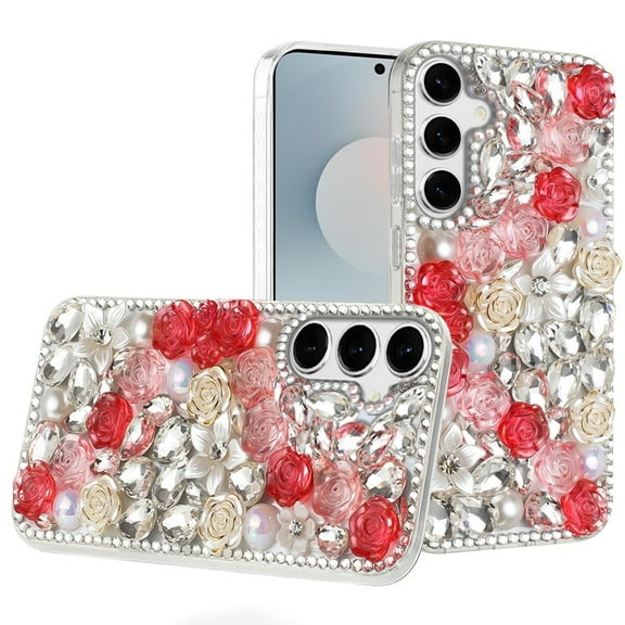 For Samsung s25 FE Rose Flower Full Diamond Bling Stones - Red