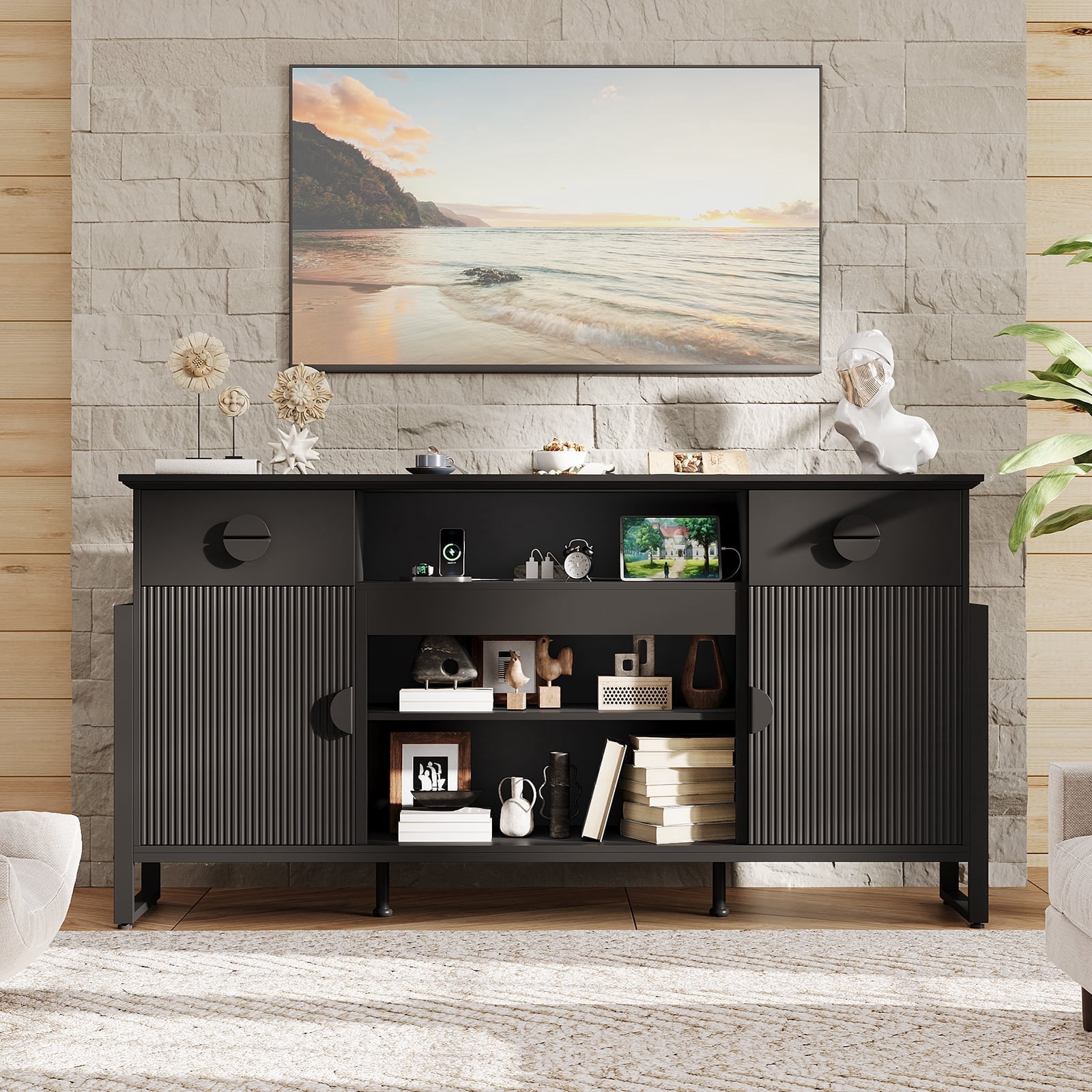 Holliwill Fluted 70" TV Stand for TVs up to 80" with Charging Station, Modern Tall Entertainment Center with Drawers for Living Room, Black