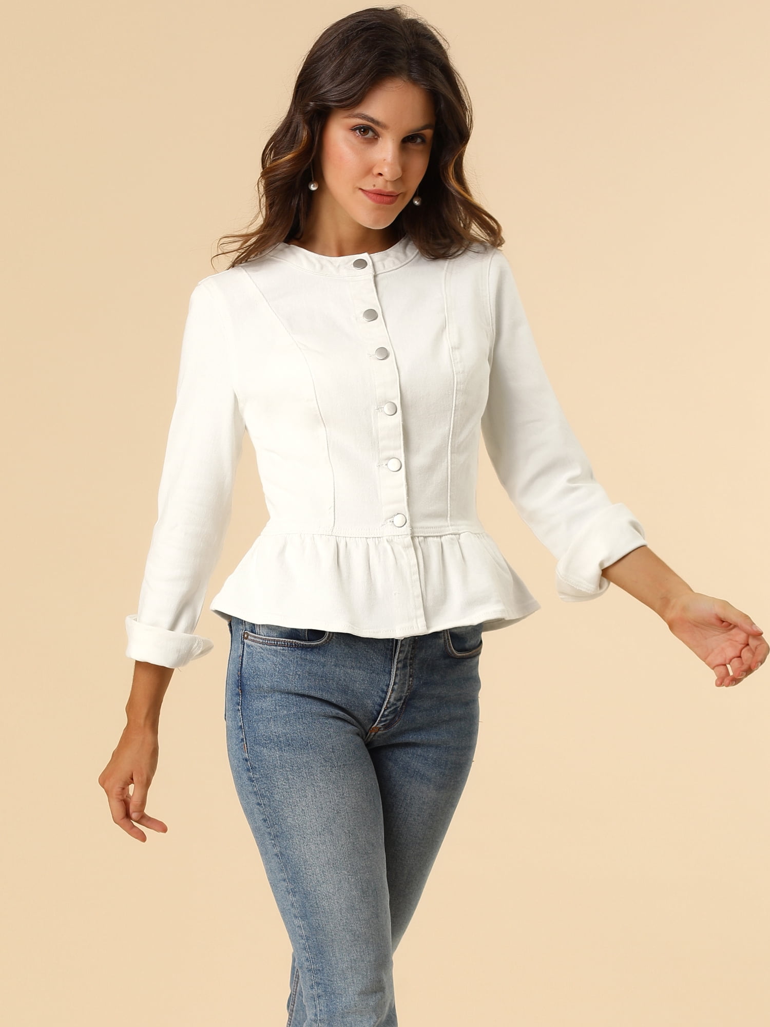 DARING DIVA Women's Button Down Cropped Ruffle Hem Denim Jacket XXL White