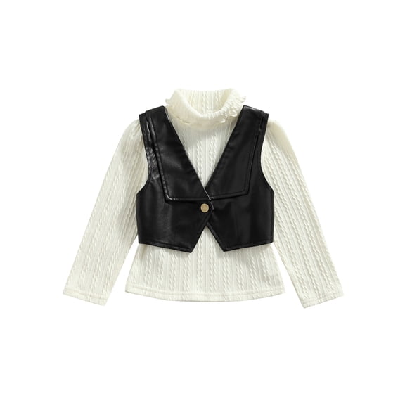Toddler Baby Girl Long Sleeve Knitted High Collar Sweater Tops with Leather Vest 2Pcs Outfits Set