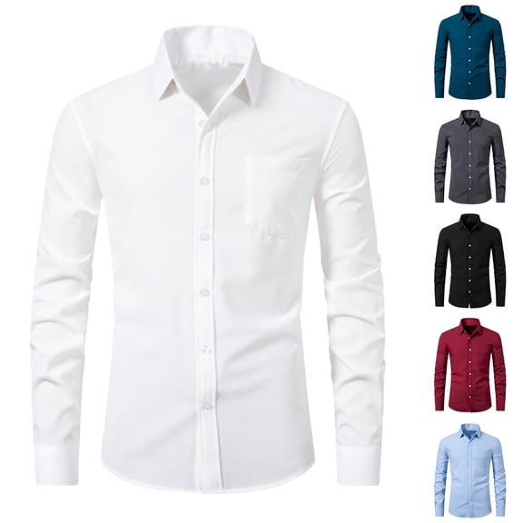 BUWTTED Mens Shirts Dressy Work Solid Color Casual Long Sleeved Lapel Slim Fit Button Down Business Wedding Beige Shirt L