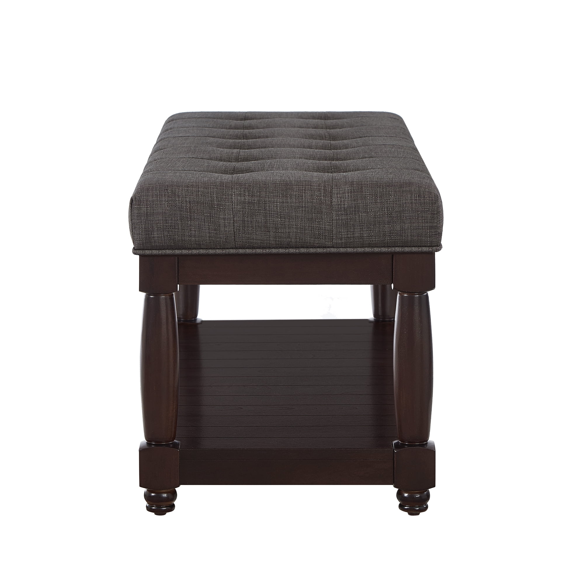Leumius Upholstered Linen Bench with Storage Shelf, Solid Wood Spindle Legs Accent Furniture Tufted Ottoman Bench for Bedroom Entryway Living Room Dark Gray