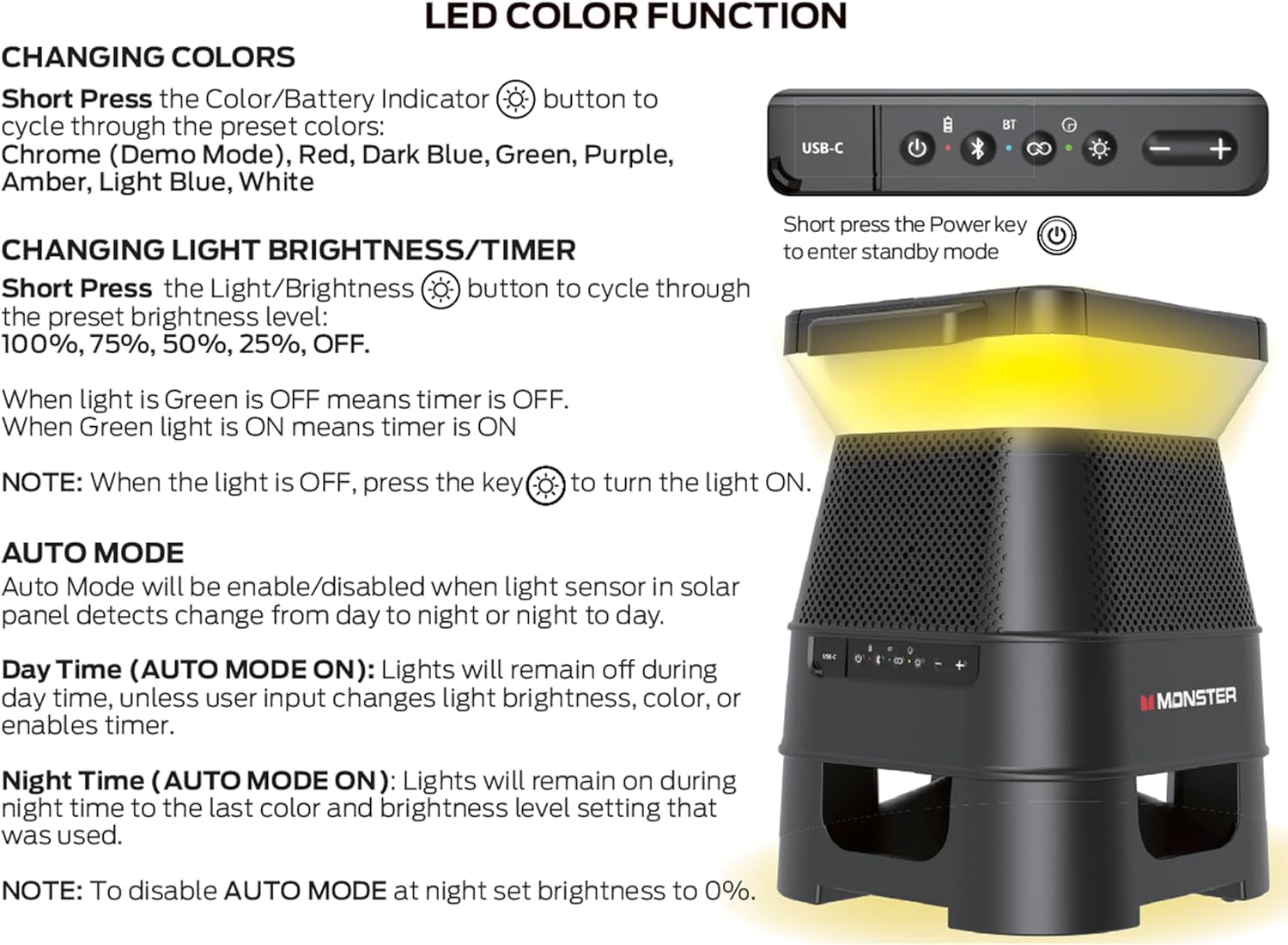 Monster Solar X Solar Powered LED Lighting Waterproof Wireless Bluetooth Portable Speaker, Black, MNSOLX-BLK