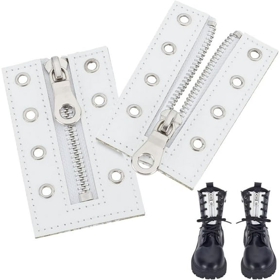 No Tie PU Leather Boot Zipper Inserts Tieless Zipper Boot Laces 4 Eyelet Zippers for Boots Shoes Adults White 90x54x9mm Hole: 4.5mm