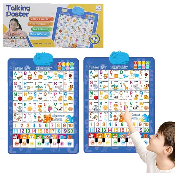 Yunuuuoa Interactive Learning Poster, Educational Talking Wall Chart with Bilingual ABCs, Numbers, Animals, Sounds and Songs for Early hood Development and Home Learning