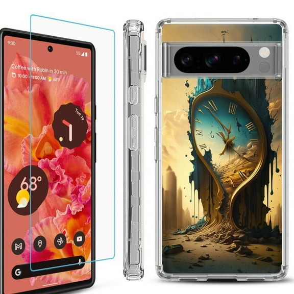 OneToughShield ® Compatible with Google Pixel 8 Pro, Shockproof Phone Case, with Tempered Glass Screen Protector - Melting Clock