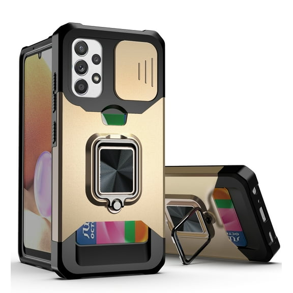 Ring Holder Stand Case for Galaxy A32(4G Version), Allytech Slide Camera Protector Cover with Magnetic Kickstand Rugged Shockproof [1 Card Holder] Case for Samsung Galaxy A32 4G, Gold