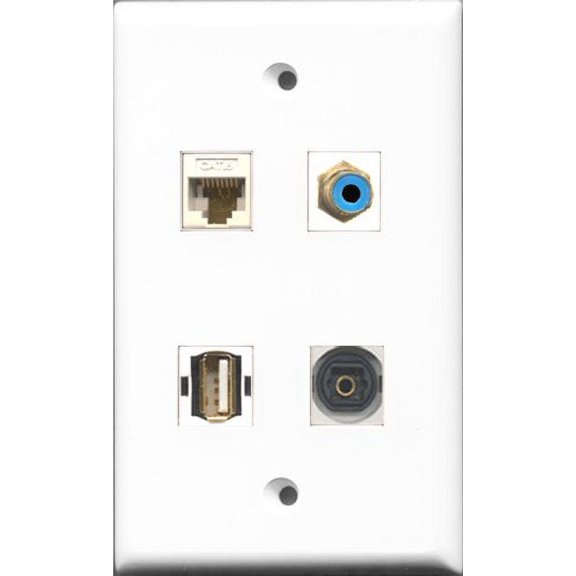 RiteAV 1 Port RCA Blue and 1 Port USB A-A and 1 Port Toslink and 1 Port Cat6 Ethernet White Wall Plate