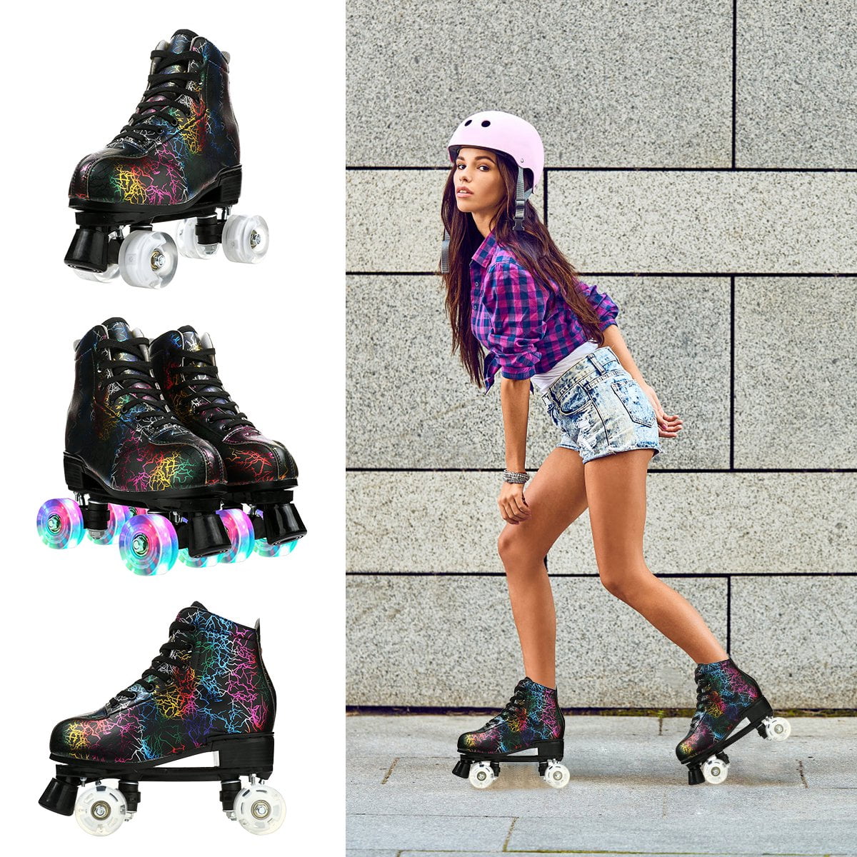 EONROACOO Womens Girls Boys Black Roller Skates Adult Light up Quad Skates(Women 7/Men 6)