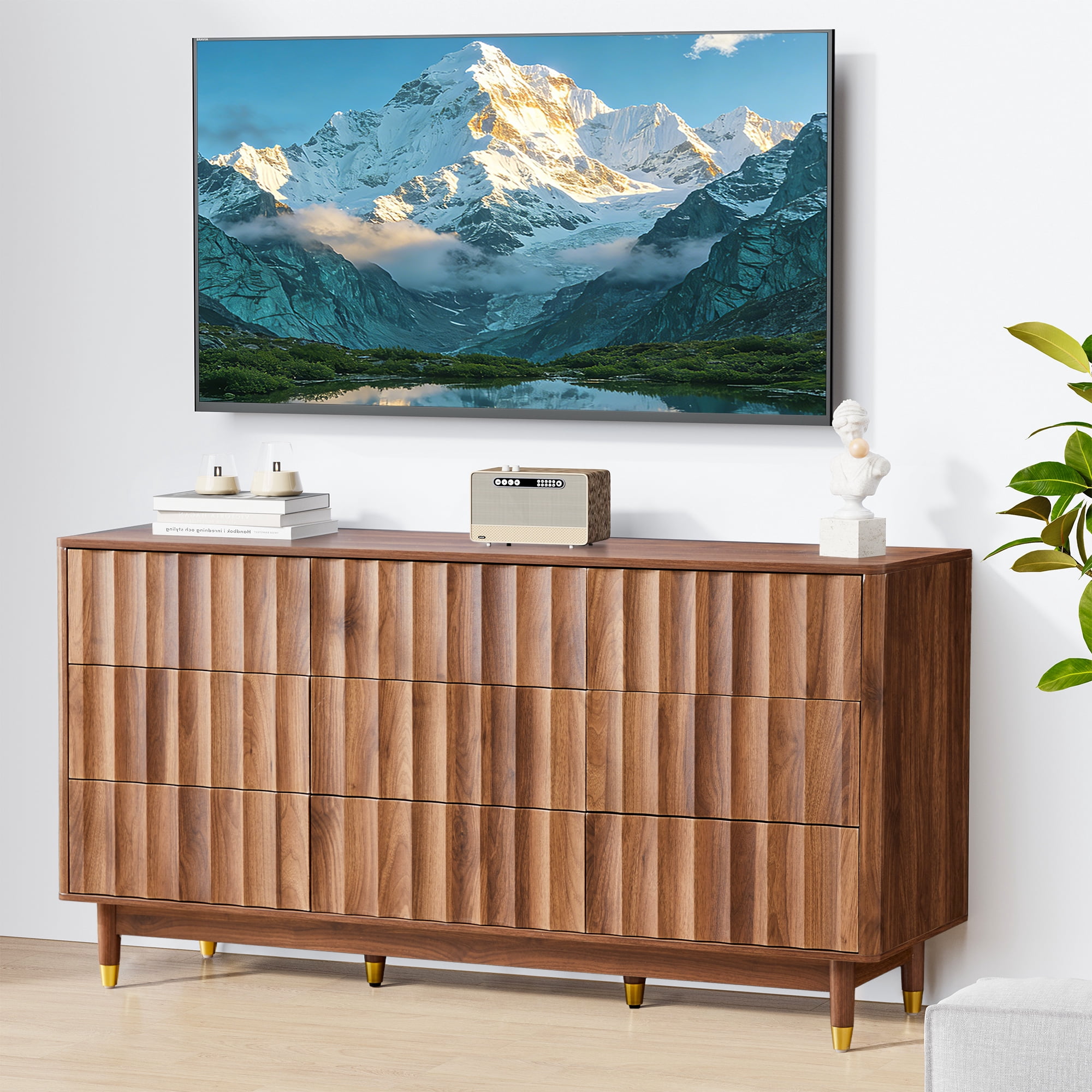 LEFHDA Fluted 9-Drawer Dresser for Bedroom with Deep Drawers, 60" Wide Mid Century Modern Chest of Drawers, Wooden Dresser TV Stand for Living Room, Hallway, Closet (Walnut)