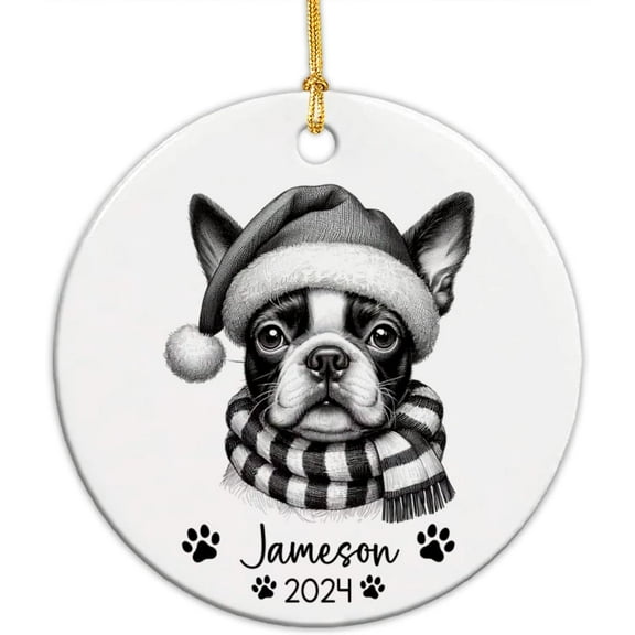 Boston Terrier Dog Ornament Xmas 2025, Personalized Name & Year Boston Terrier Pencil Drawing Ornament, Customized Boston Terrier with Santa Hat Ornament, Gift for Dog Dad Dog Mom hHQebr