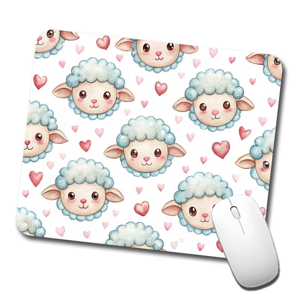 Cute Sheep Faces Hearts Watercolor Mouse Pad Low Profile Gaming Mat