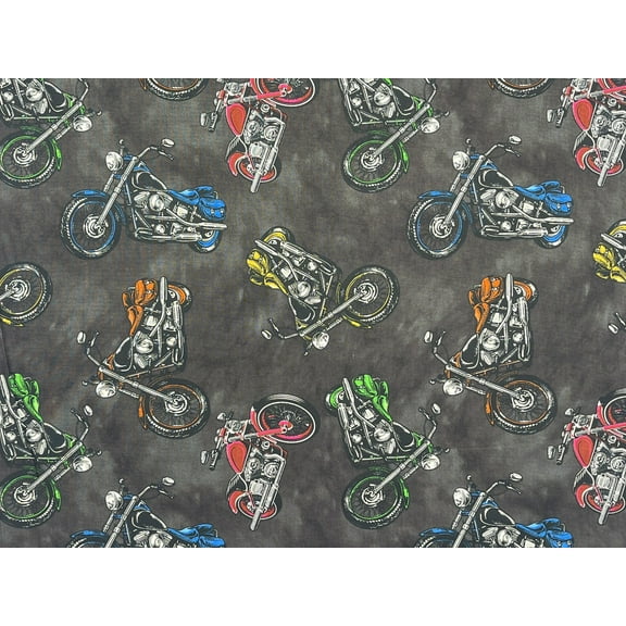 Coast to Coast Motorcycle Print 100% Cotton Fabric, Multi-Color Design on Dark Gray Background