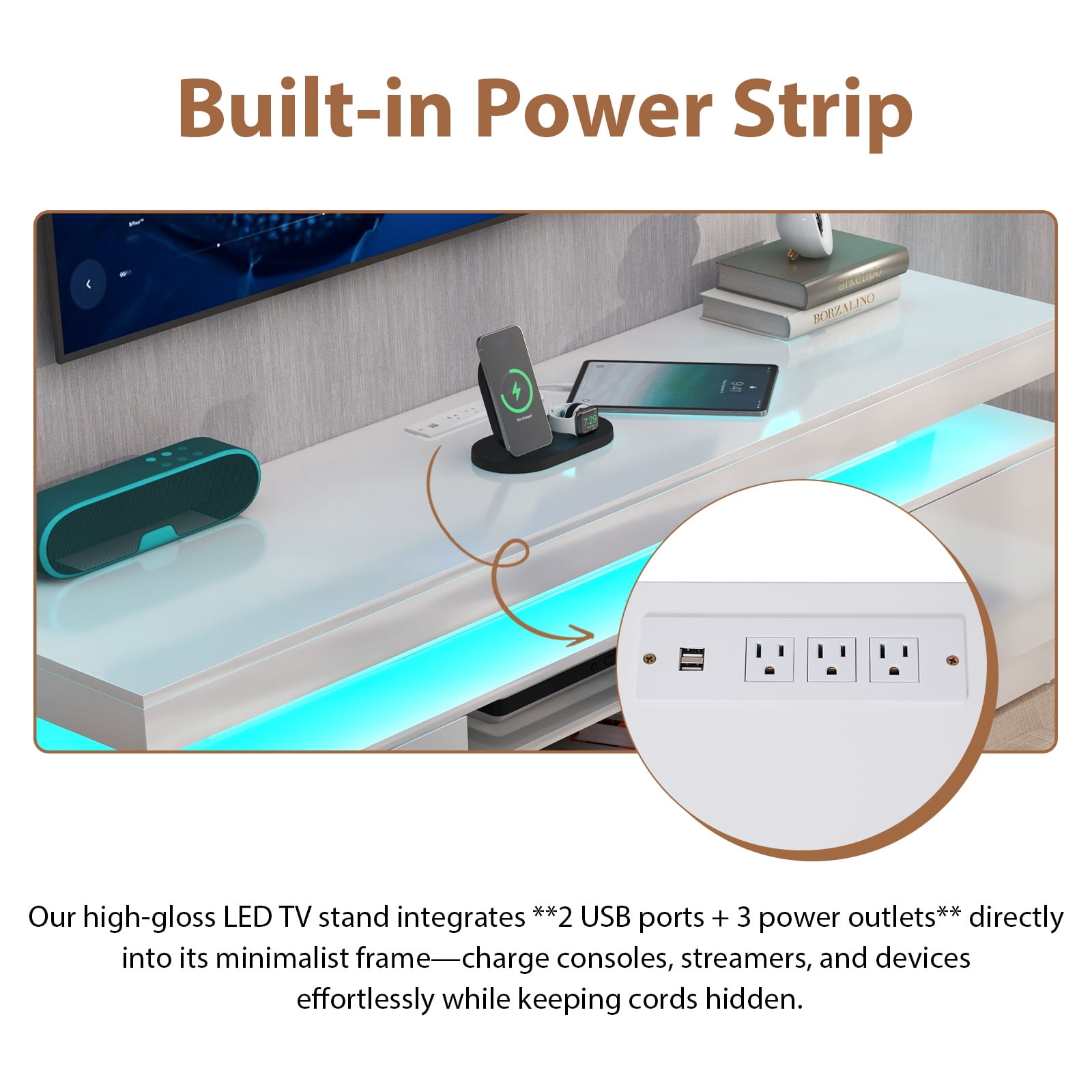 JOIVI LED TV Stand with Power Outlets, Modern High Gloss Entertainment Center for TVs Up to 75", TV Media Console with Storage, White