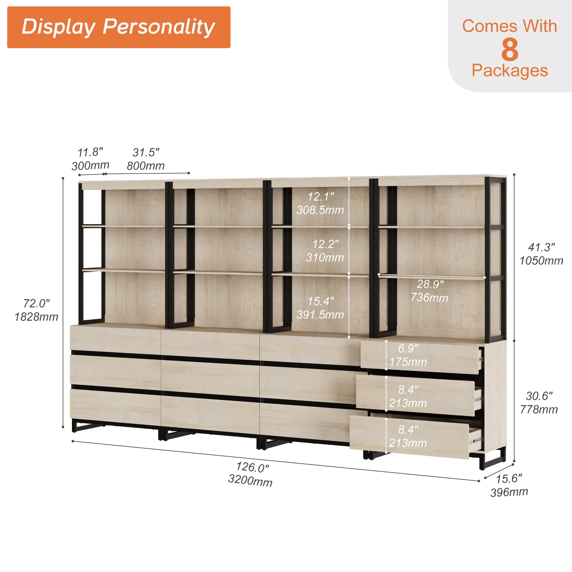 WAMPAT 4-Piece Modern 72" Tall Library Bookcases with 12 Drawers & Open Shelves, Wood Freestanding Bookshelves with Storage Cabinet & Metal Base for Home Office & Living Room, Beige