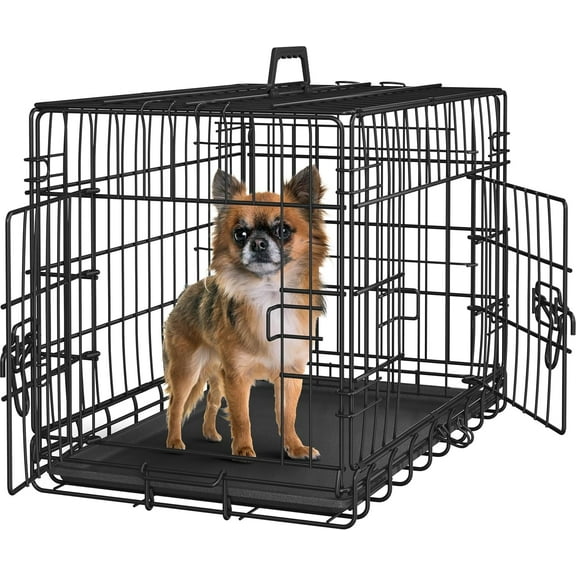 LibraMAl 24 inch Dog Crate Double Door w/Divider for Puppy Collapsible Metal Crate with Removable Tray Wire Kennel Pet Crate for Small Dogs Portable Travel Cage, Black