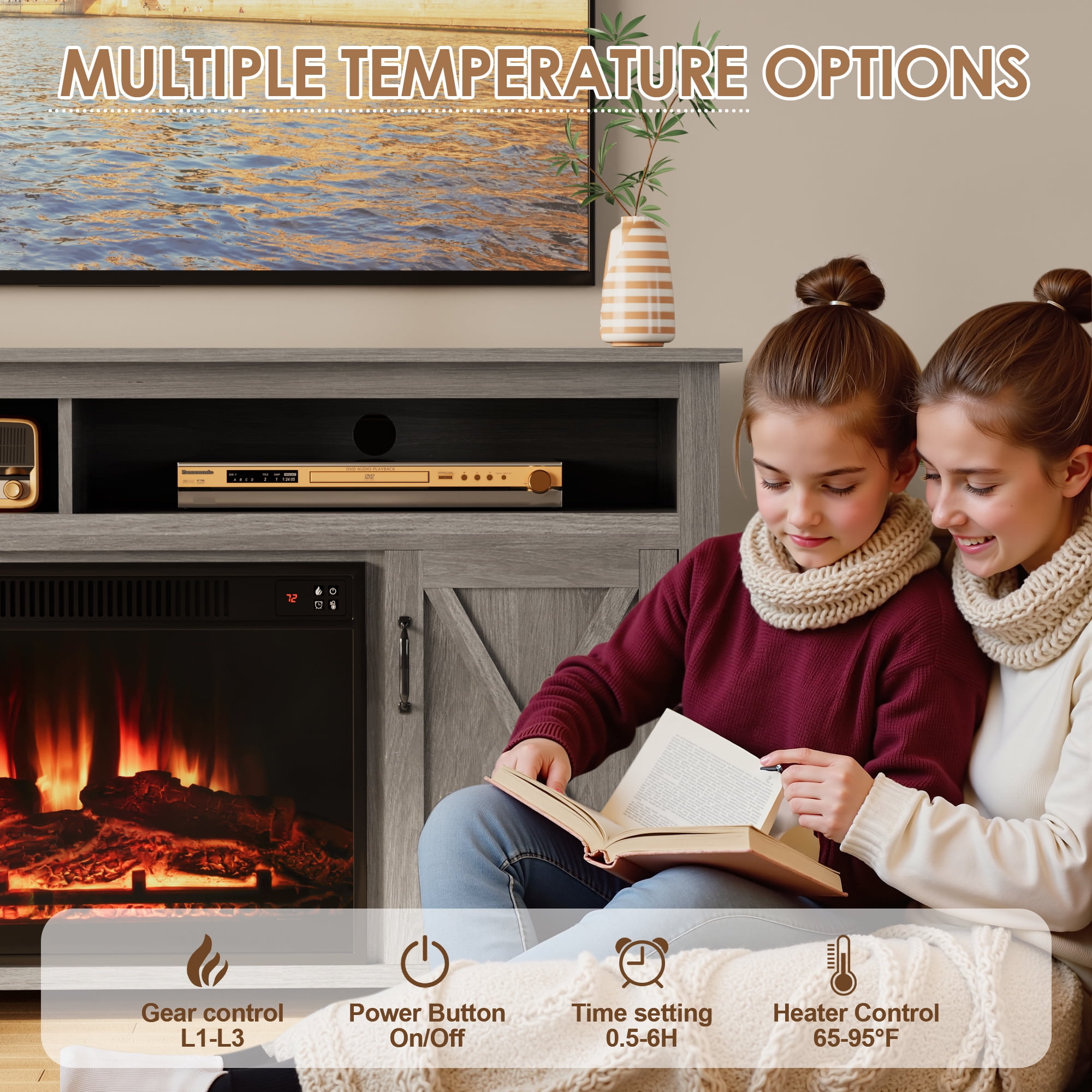 Homall Fireplace TV Stand in Wood Gray - Adjustable Shelves & Large Storage Entertainment Center
