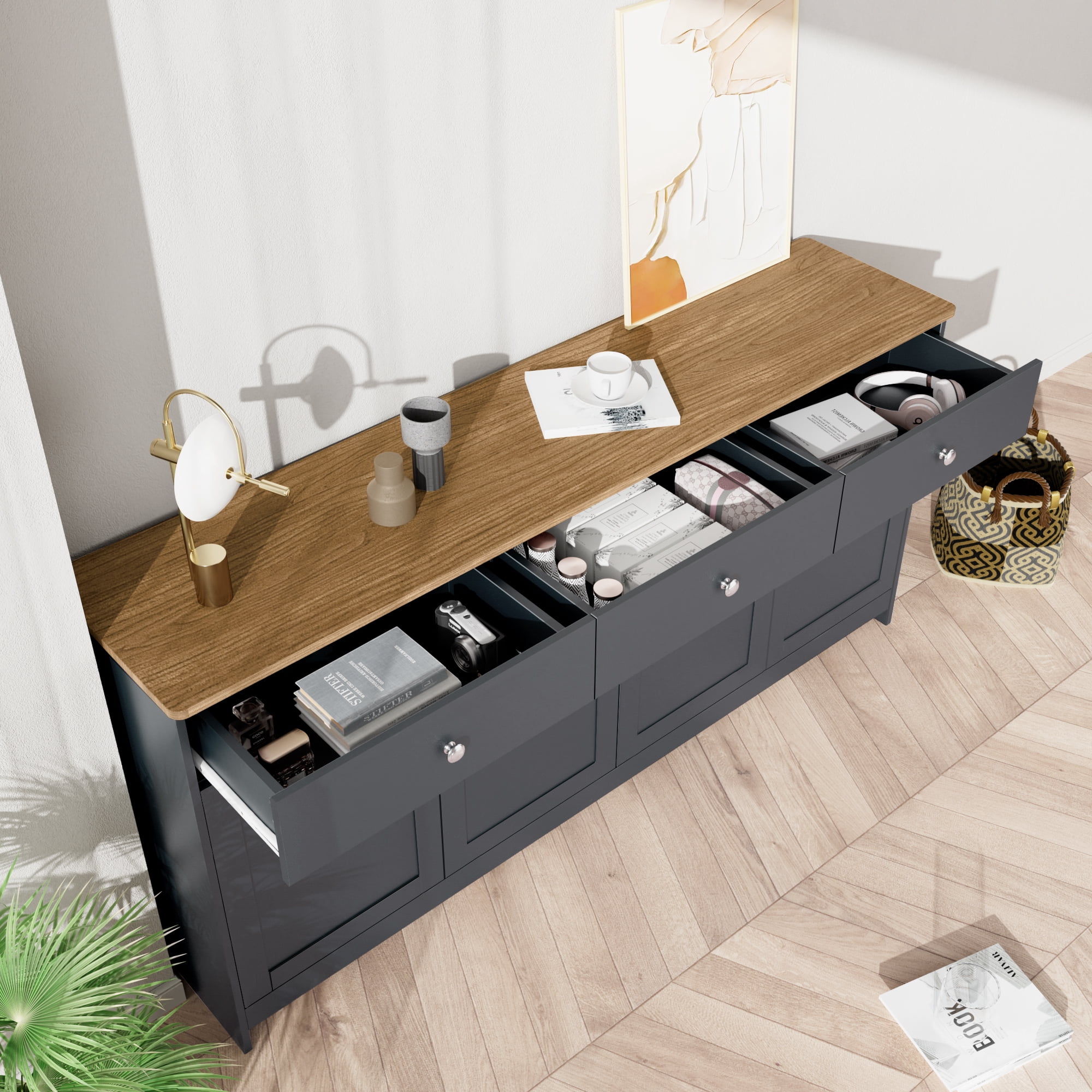 Noble House Buffet avec Grain de Bois Gris-Noir, 4 Portes et 3 Tiroirs, Ton Bois et Gris-Noir pour Salon/salle à Manger