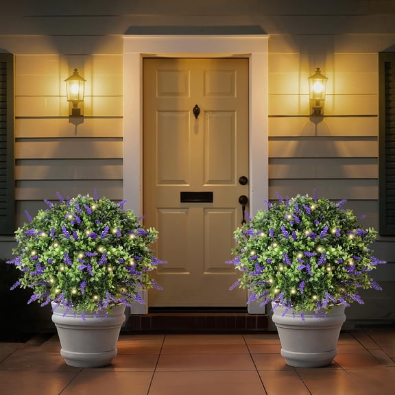 Lewondr Artificial Lavender Boxwood Topiary Ball with LED Lights, 23.6'' Artificial Shrub Bushes with Ground Spike, Artificial Fake Plants for Indoor Outdoor Garden Patio Front Porch Decor