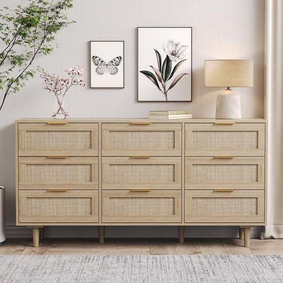 HoopieHome 59'' Boho 9 Drawer Dresser for Adult Bedroom – Rattan, Golden Handles, Wood Legs, Anti-Tipping, Clothes Storage Cabinet