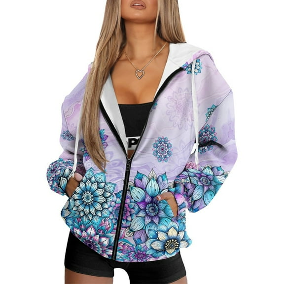 COEQINE Women's Full Zip Up Hoodie Oversized Sweatshirts Mandala Purple Pattern Long Sleeve Fashion Jacket for Women Y2K Tops with Pockets Fall Casual Hooded Wear, XS