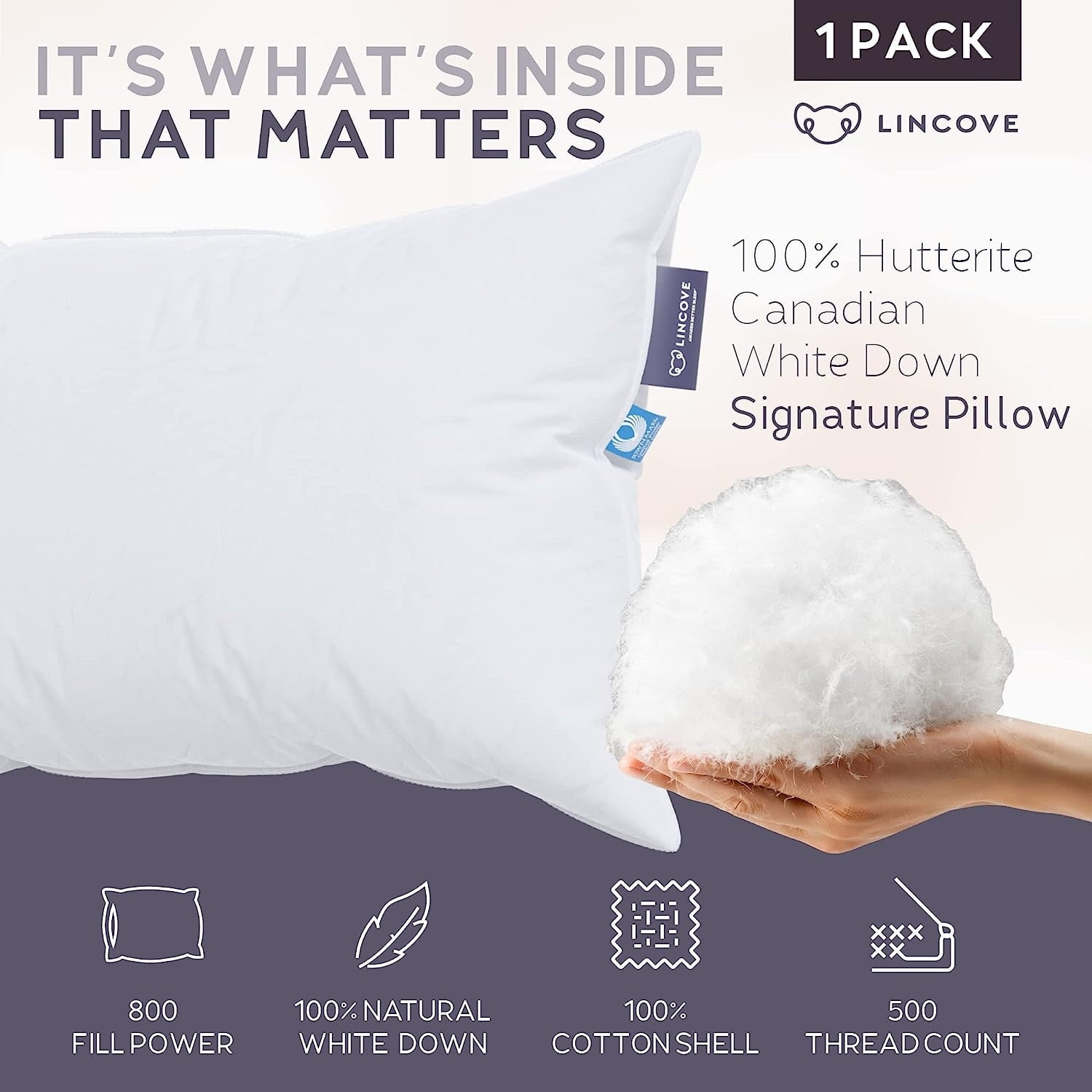 Lincove  Signature Hutterite Canadian Down Pillow - 800 fill power, Made in Canada Medium - Queen - Single