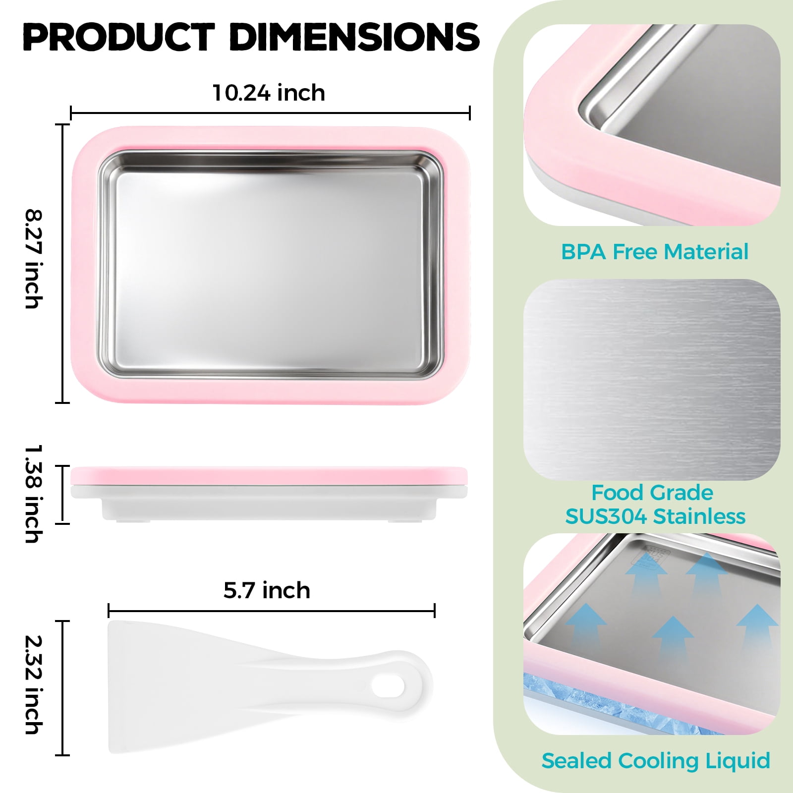 Rolled Ice Cream Maker with Quick Start Guide - DIY Instant Ice Cream Tray Kit, 2 Scrapers for Manual Homemade Ice Cream Rolls, Frozen Yogurt, Sorbets & Slushies, No Electricity Needed（pink）