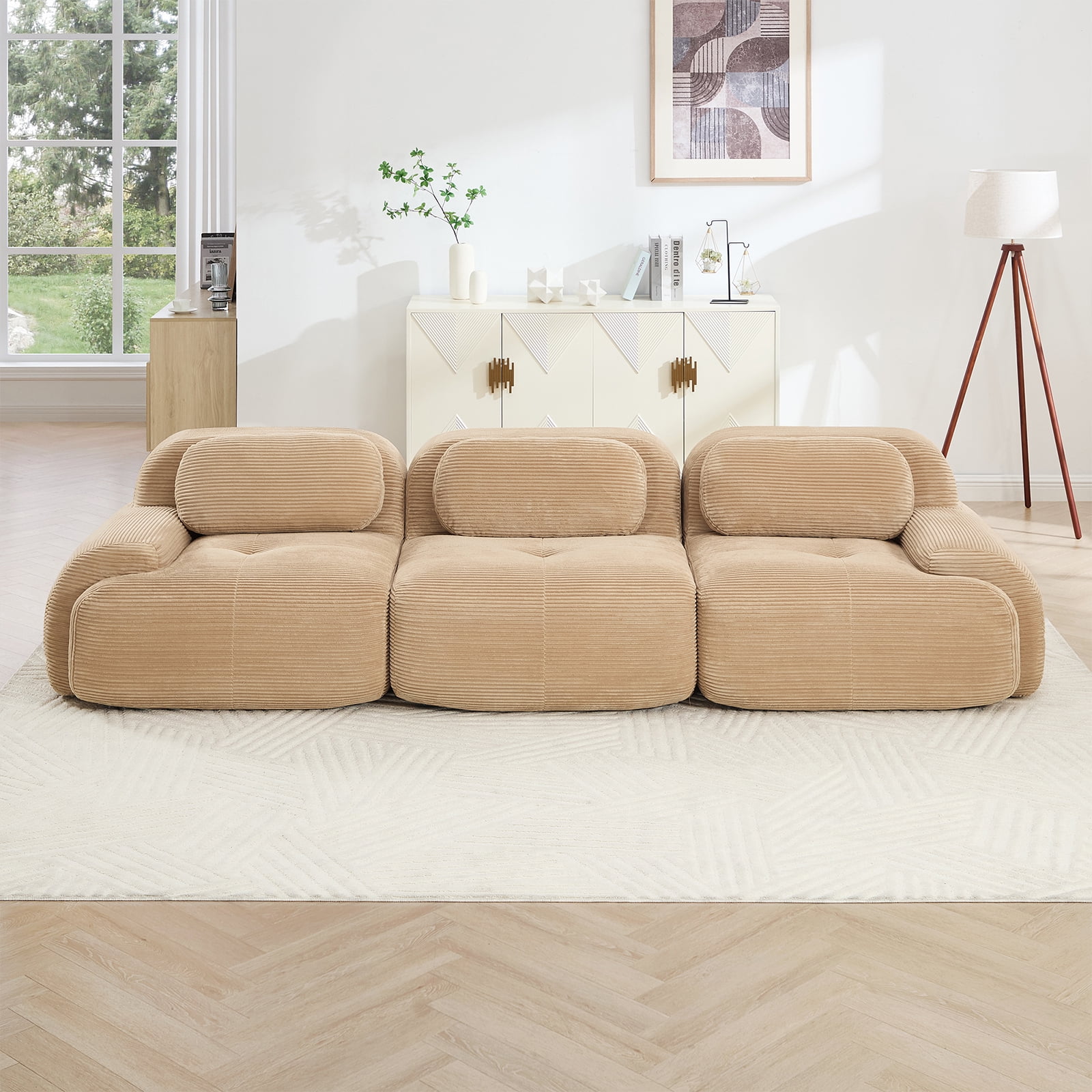 116" Modern Compressed Boneless Couch, 3 Seater Sectional Couches for Living Room, Camel Corduroy Cloud Modular Sectional Sofa, Comfy Memory Foam, Extra Deep, Sofas para Sala, No Assembly