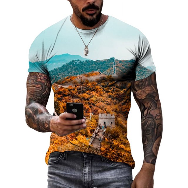 Mode Nouveau le Grand Paysage Mural T-Shirts Graphiques Été Hommes Décontracté style Chinois Imprimé 3D Col Rond Manches Courtes Hauts