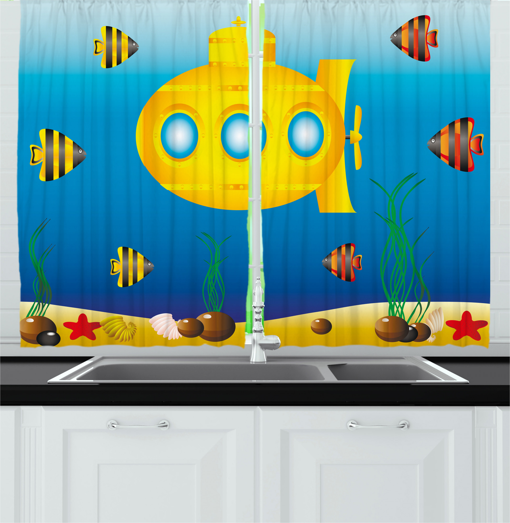 Yellow Submarine Kitchen Curtains, Nautical Theme a Submarine Surrounded by Fish and Sea Grass