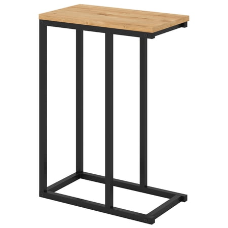 Natural C-Shaped End Side Table with Heavy Duty Metal Frame 0.7 Inch Thick Wood Tabletop Narrow Accent Laptop Table for Living Room Bedroom Office