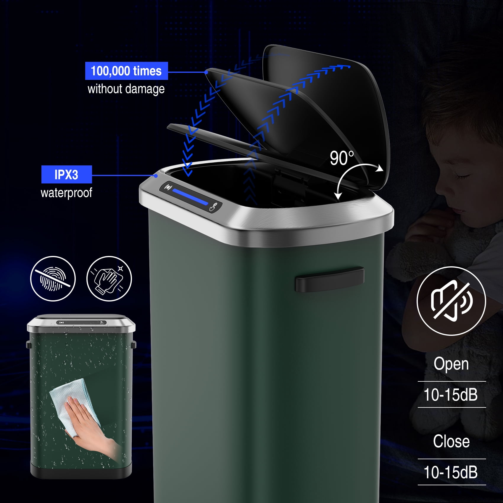Miniyam 50L/13Gal Automatic Trash Can, Stainless Steel Fingerprint-Resistant Soft Close Lid Garbage Can, Green
