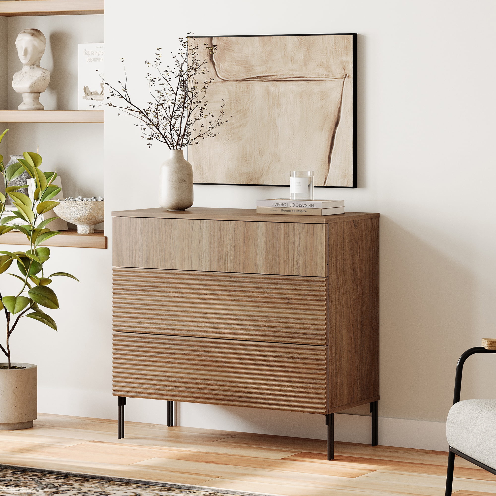 31.5" Wood Accent Chest with Drawers, Modern Credenza Storage Cabinet with Reeded Design for Living Room, Kitchen, Dining Room, Hallway