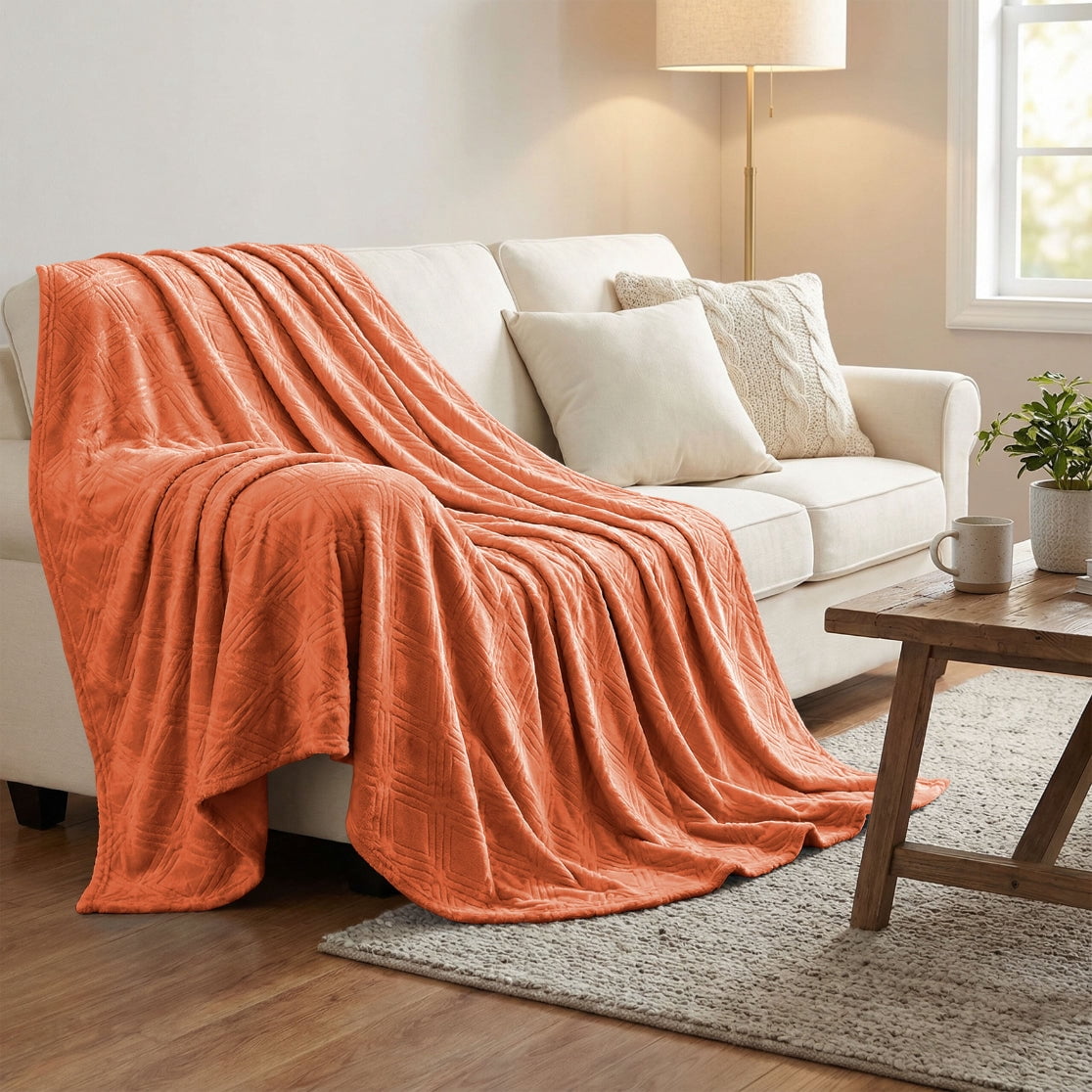 Superior Alaska Diamond Fleece Blanket 90" x 106", Lightweight Soft Bed Blankets, King Size, Rust