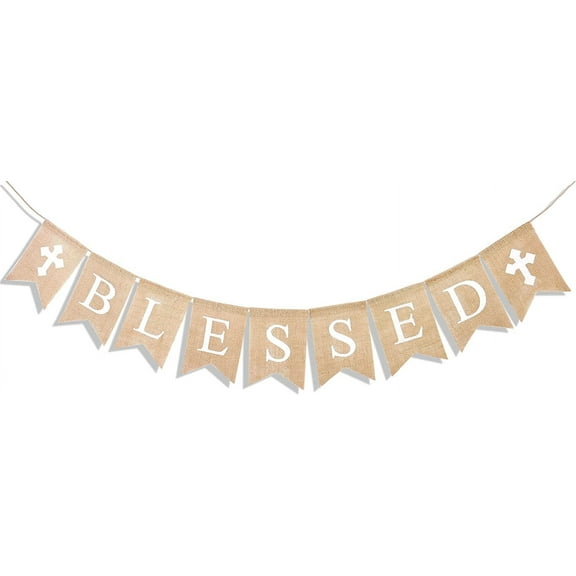 Blessed Burlap Banner Easter Baptism Decorations Garland for Home Fireplace Décor Vintage Rustic Hanging Sign Party Supplies