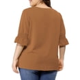 thumbnail image 4 of MODA NOVA Juniors Plus Size V Neck Smocked Sleeves Ruffled Front Solid Blouse, 4 of 7