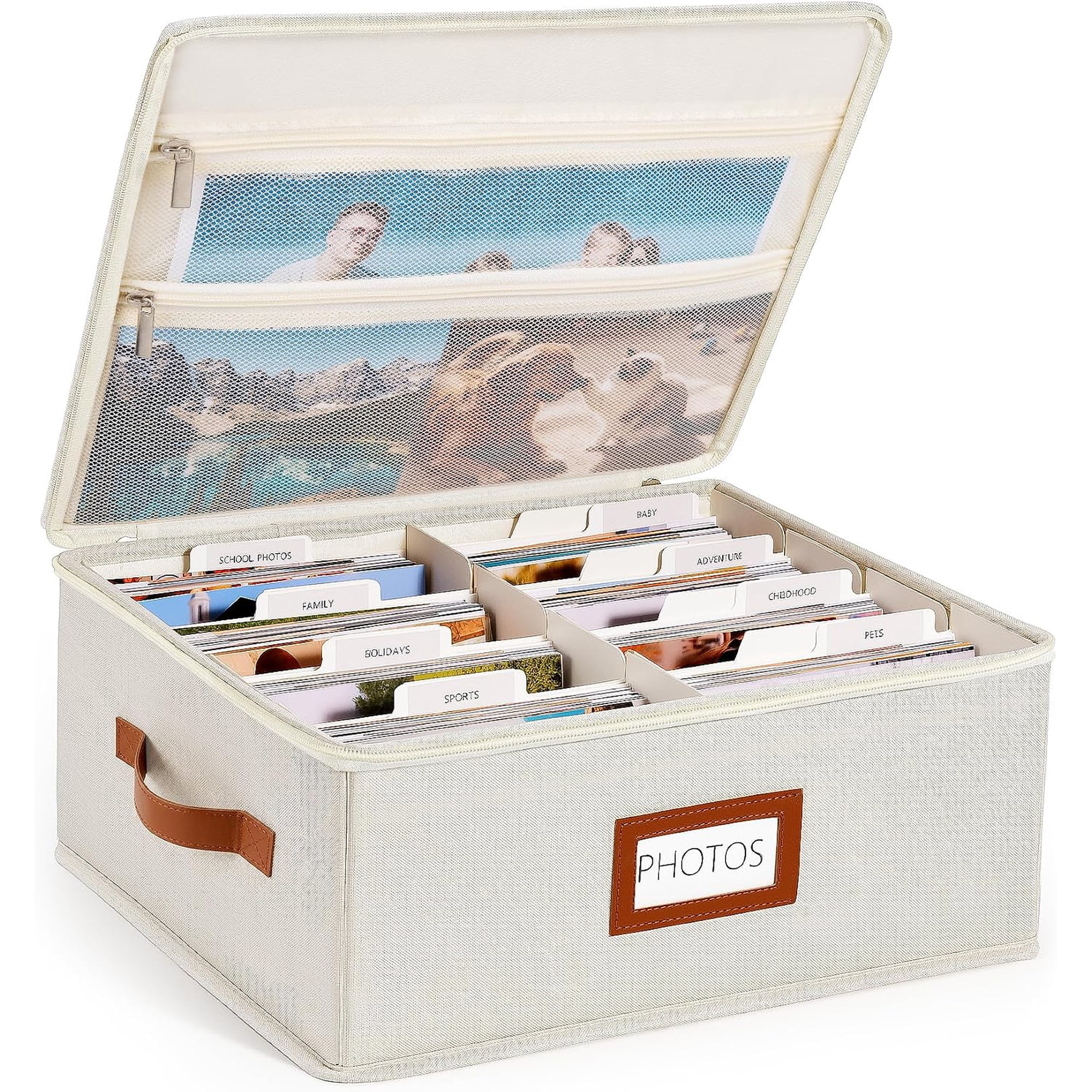Photo Storage Box with Lid & Dividers, Linen Photo Organizer for up to 2000 4x6 Pictures, Keepsake Memory Box with Side Handle for Family, Wedding & Baby Photos, Cards, Scrapbook