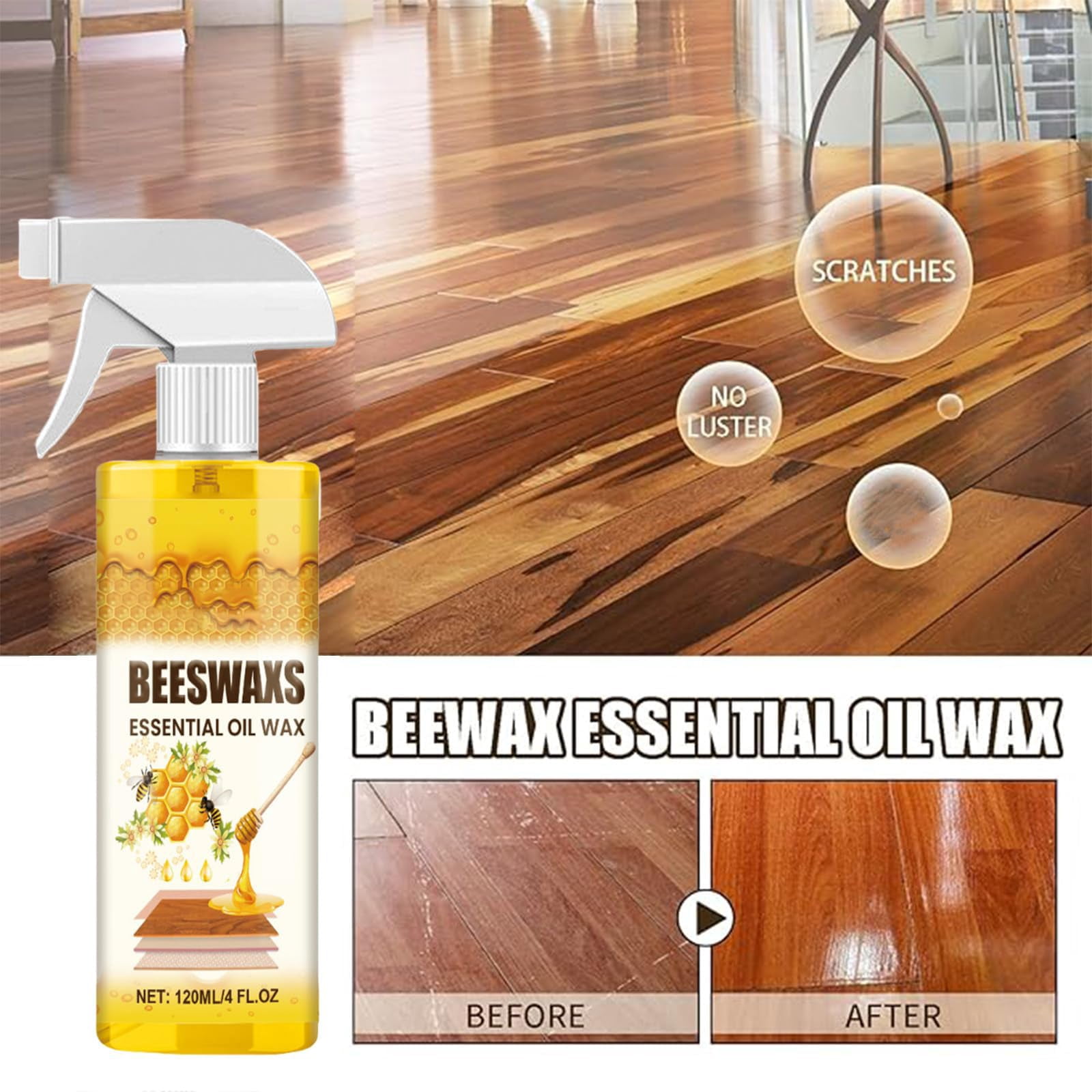 Beeswax Wood Polish Spray — Natural Beeswax & Essential Oil Polish and Cleaner for Wooden Furniture, Floors, Living Rooms, and Kitchens（2PCS）