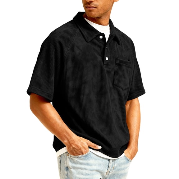 longantii Mens Corduroy Shirts Casual Quarter Zip Stand Collar Tops Comfort Short Sleeve Pullovers Spring Athletic Shirts Black XXXL